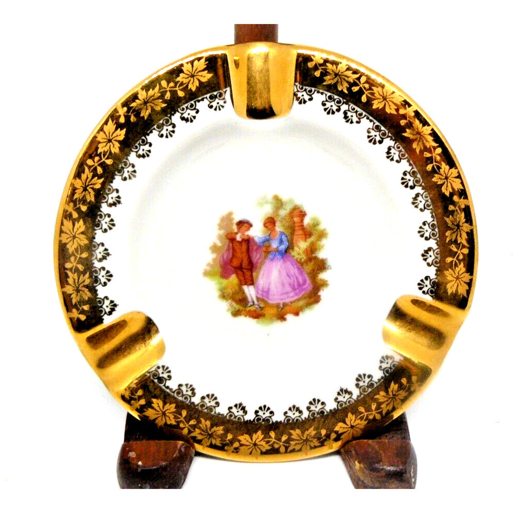 Limoges France Goudeville Porcelain AshTray Victorian Courting Couple Gilt Edge